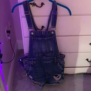H&M distressed overall shorts